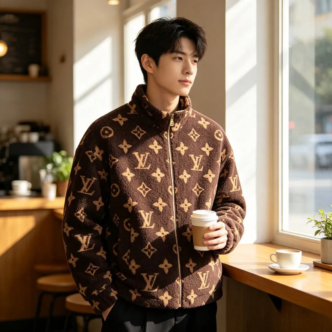 Louis Vuitton/Louis Vuitton dark brown all-over printed old flower Teddy polar fleece stand-up collar jacket